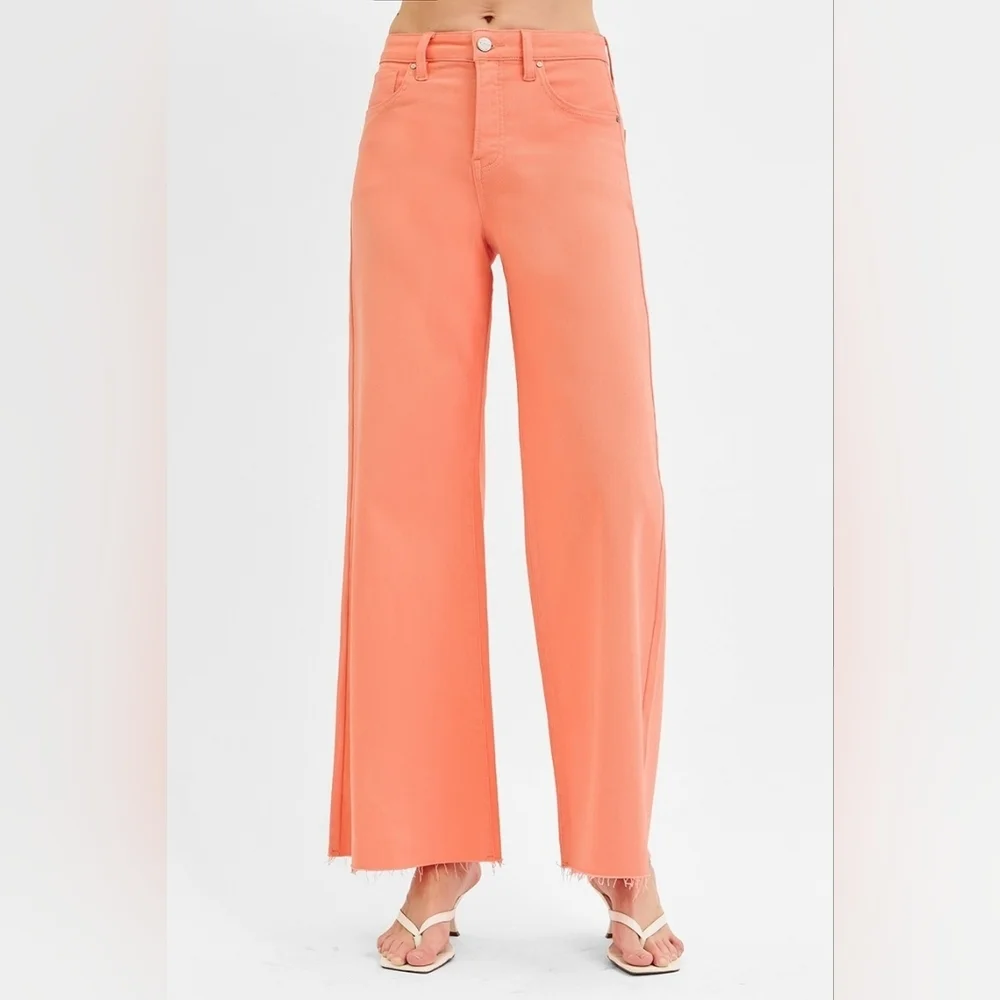 Risen High Rise Tummy Control Wide Leg Palazzo Jeans Coral Peach Various NEW